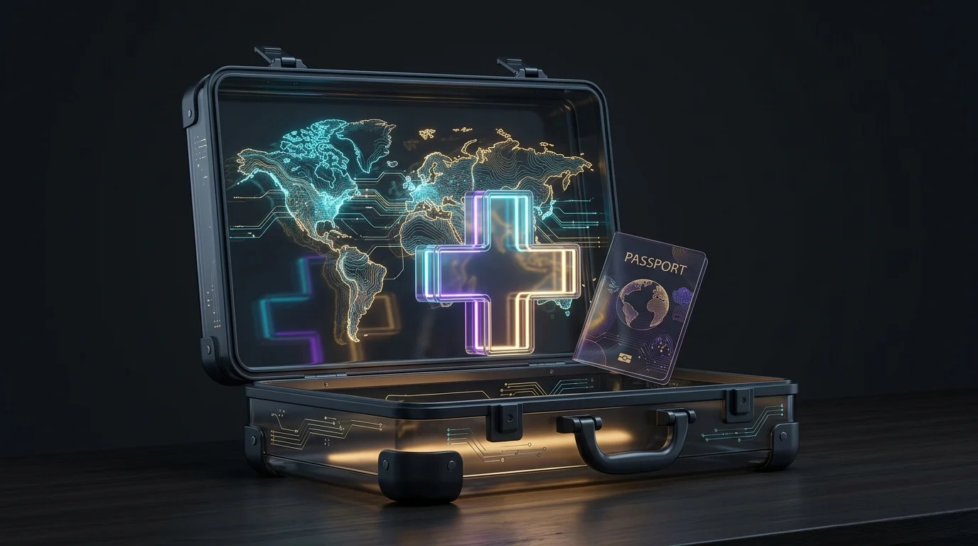 Open suitcase on a table with a map, medical icon, and passport representing international travel insurance coverage.