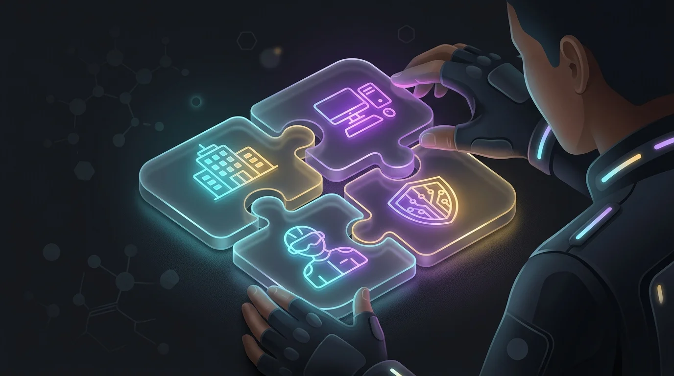 Person assembling puzzle pieces representing commercial insurance policies into a complete business protection square.