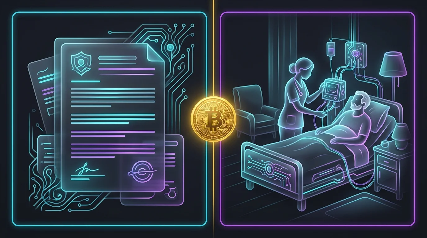 Split-screen illustration showing a life insurance policy and home care linked by a coin to represent hybrid LTC benefits.