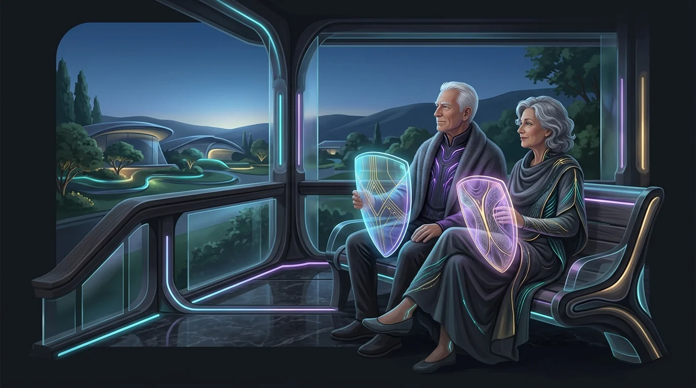Elderly couple on a porch protected by a glowing shield representing long-term care insurance coverage.