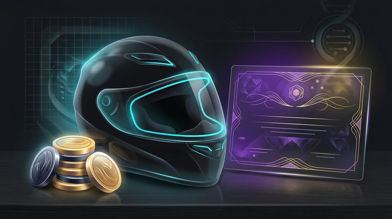 Motorcycle helmet and safety certificate next to coins to represent motorcycle insurance discounts for new riders.