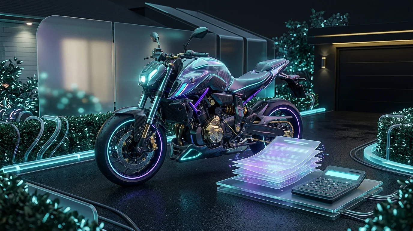 Motorcycle parked in a driveway next to insurance documents and a calculator for beginners calculating premiums.