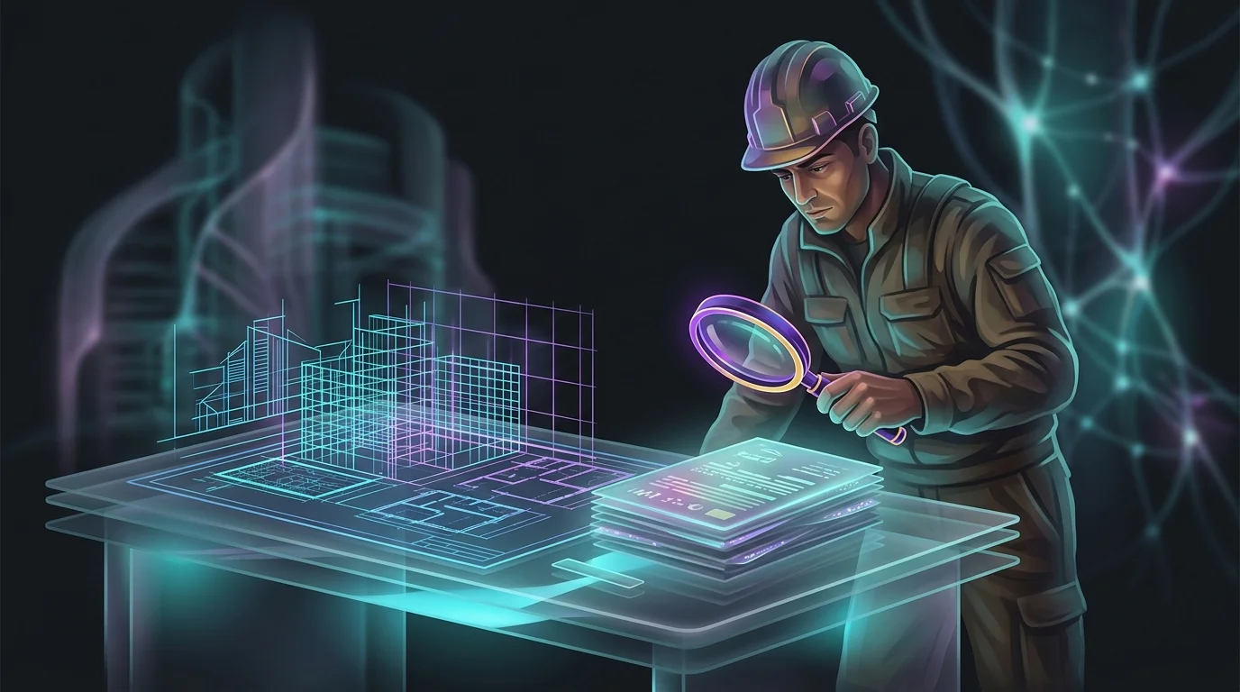 Contractor using a magnifying glass to compare construction insurance policy documents against a building site blueprint.