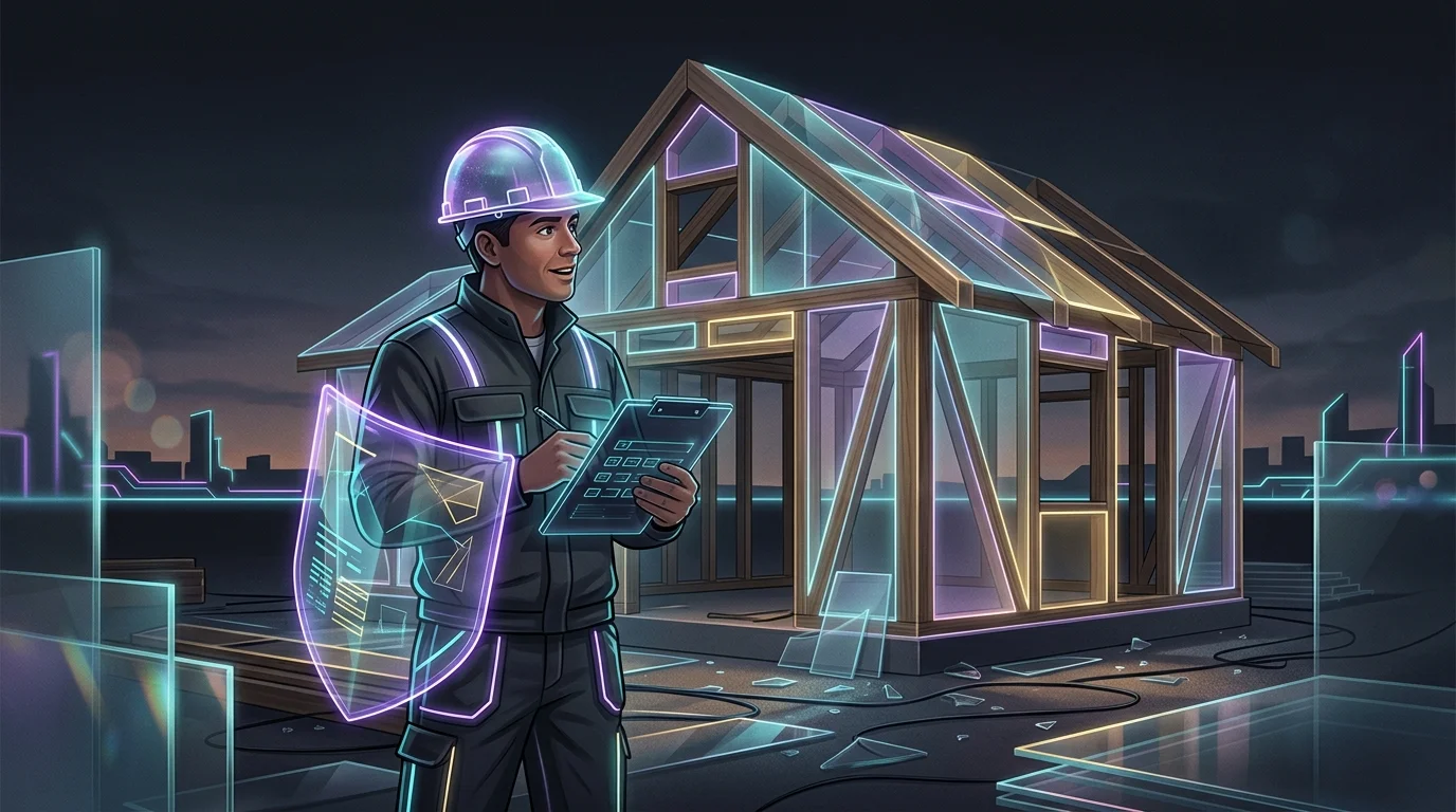 Construction worker holding a clipboard at a residential job site covered by a top construction insurance provider.