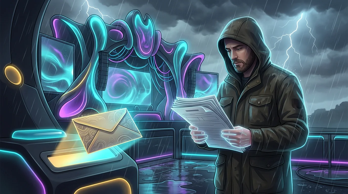 Promoter reviewing event insurance documents at a music festival stage during a storm.