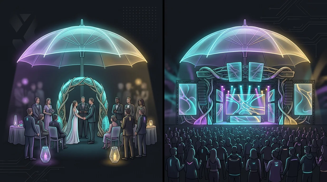 Glowing protective umbrella covering both a small outdoor wedding and a large music festival for event insurance.