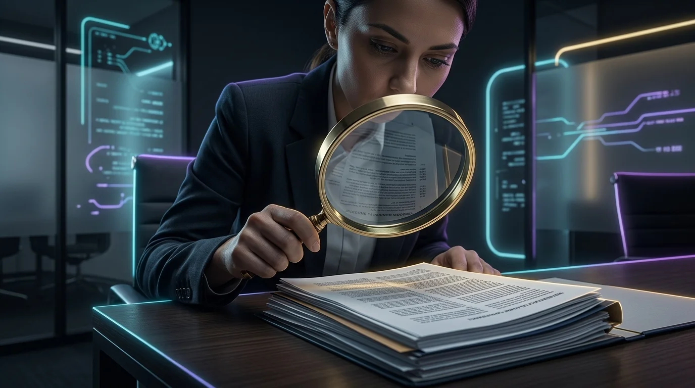 Businessperson reviewing D&O insurance policy fine print for coverage details with a magnifying glass.