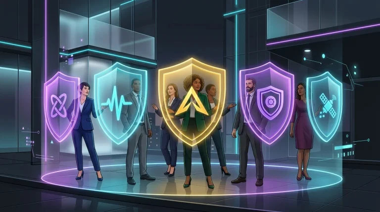 Colorful shields featuring top D&O insurance providers protecting business executives in a modern office.