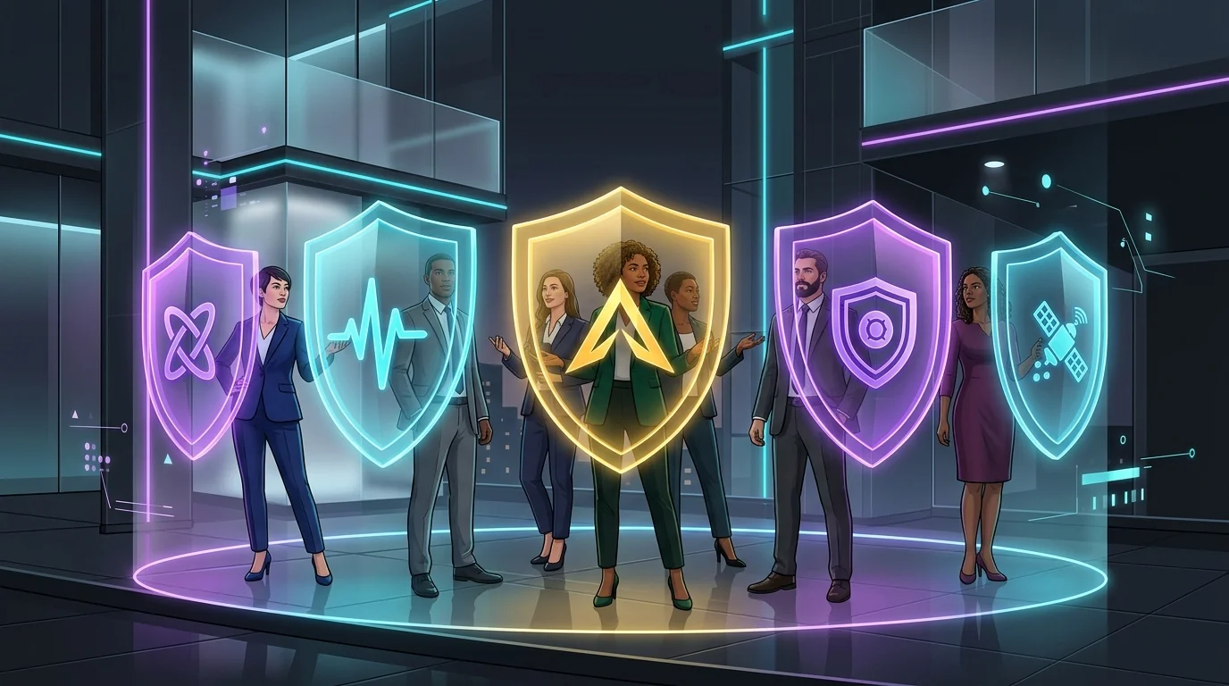 Colorful shields featuring top D&O insurance providers protecting business executives in a modern office.