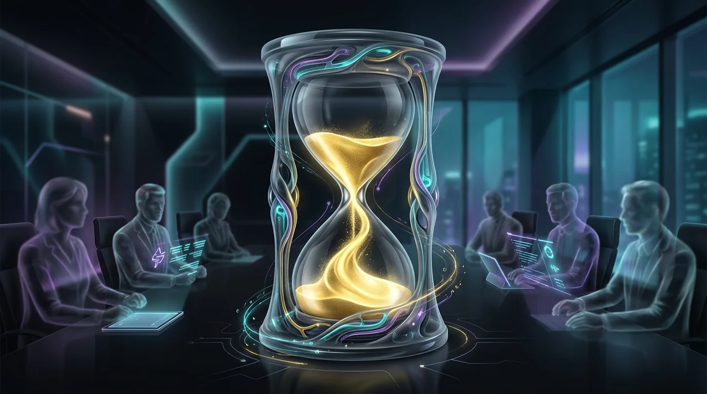 Large hourglass on a boardroom table representing fast claim settlement for D&O insurance providers.