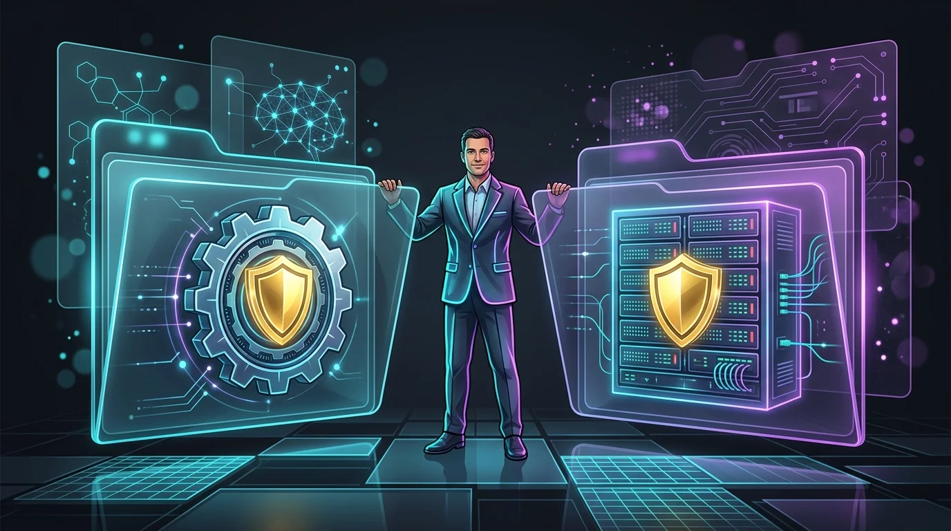 Business owner choosing between equipment breakdown coverage options with gear and server protection shields.