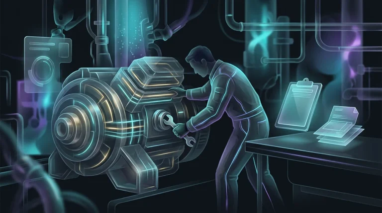 Technician inspecting an industrial generator during a routine equipment breakdown insurance assessment.