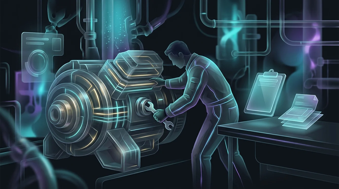 Technician inspecting an industrial generator during a routine equipment breakdown insurance assessment.