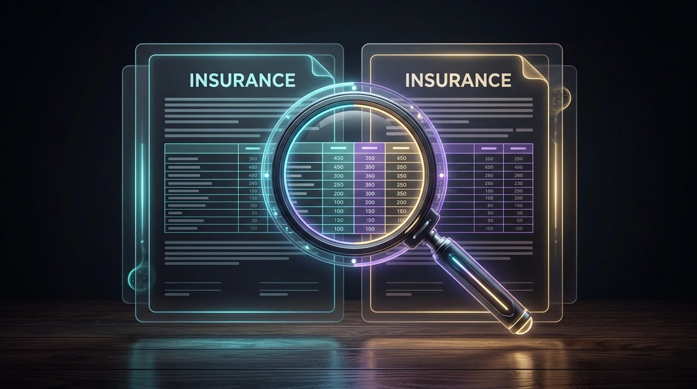 Magnifying glass over a flood insurance comparison spreadsheet to evaluate policy coverage and deductibles.