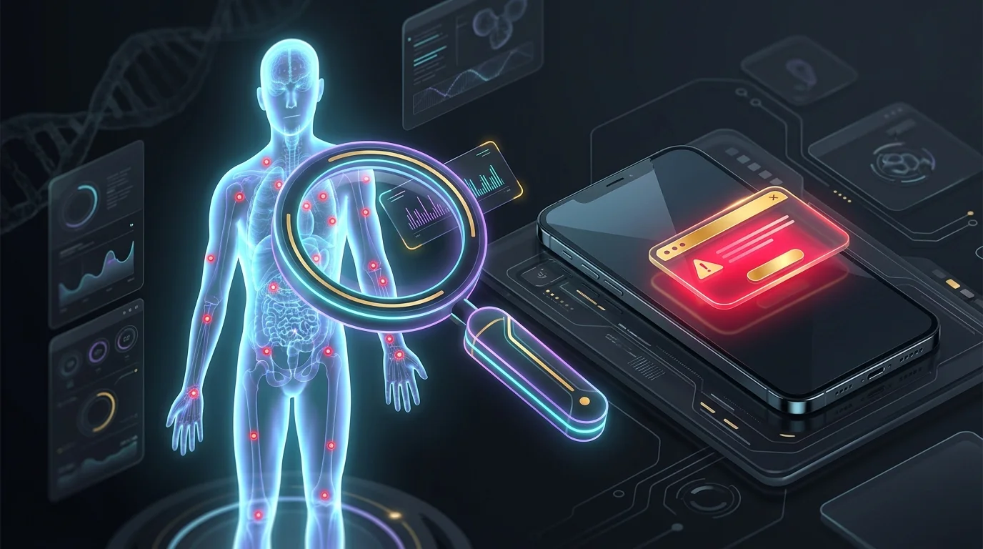 Digital magnifying glass scanning a silhouette to detect data breaches for identity theft protection alerts.