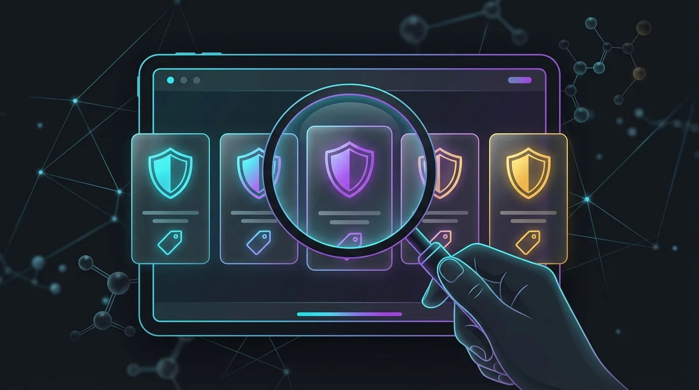 Hand holding a magnifying glass over five colorful identity theft protection plan cards on a tablet screen.