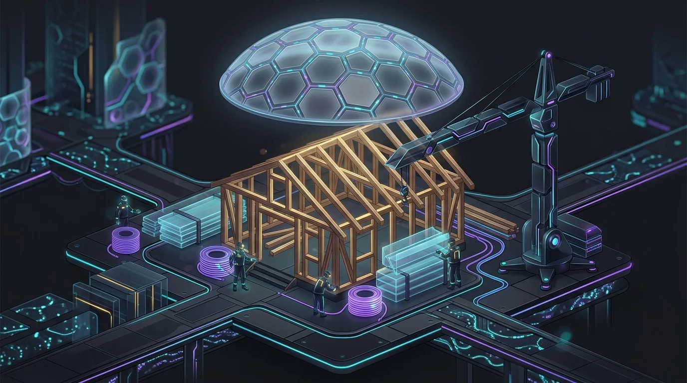 Construction site with a wooden frame and materials protected by a glowing dome representing builders risk insurance.