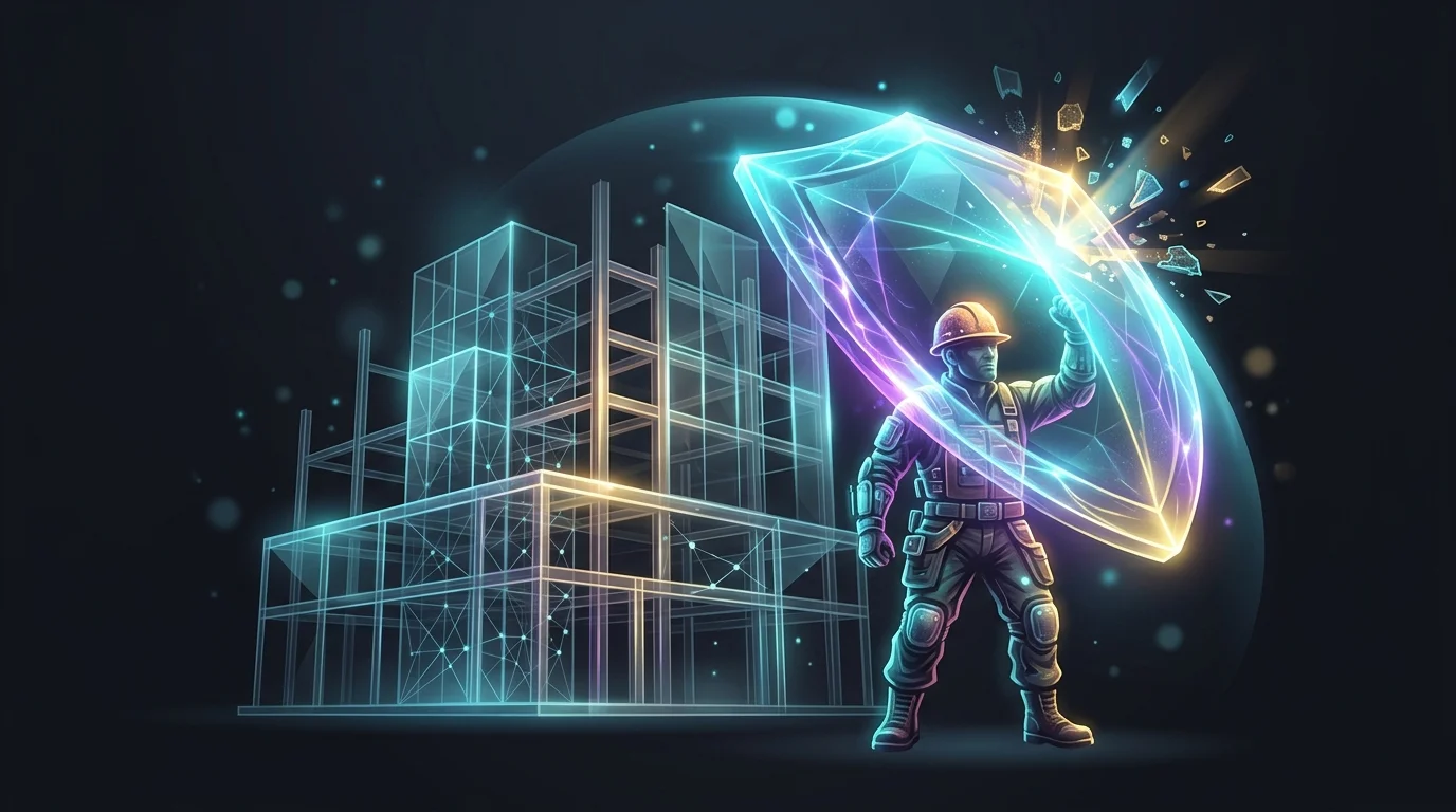 Construction worker holding a protective shield in front of a building frame for builders risk insurance coverage.