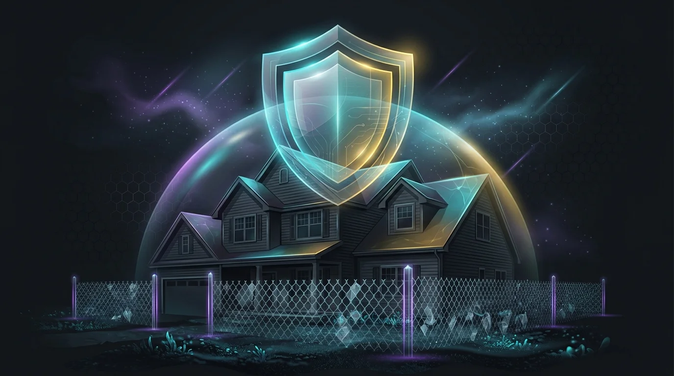Empty suburban house protected by a glowing insurance shield for vacant property coverage.