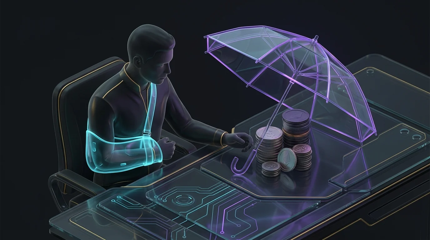 Person with a broken arm looking at coins protected by an umbrella, illustrating short-term disability insurance coverage.