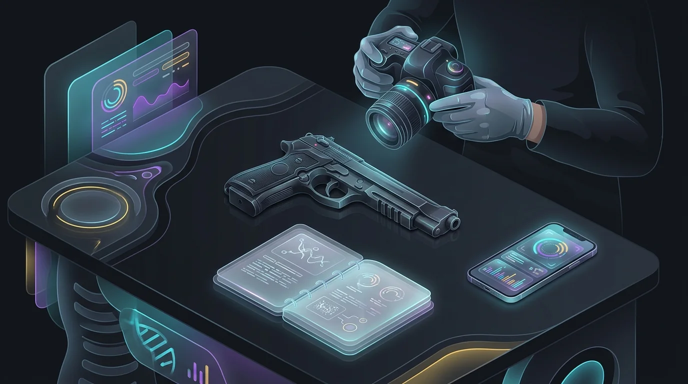 Person wearing gloves photographing a firearm for a gun insurance claim with a notebook and smartphone nearby.