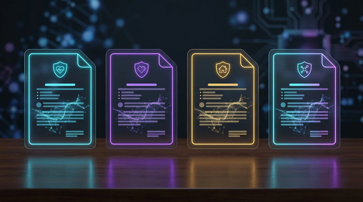 Four gun owner insurance policy documents with shield icons displayed on a wooden desk for comparison.