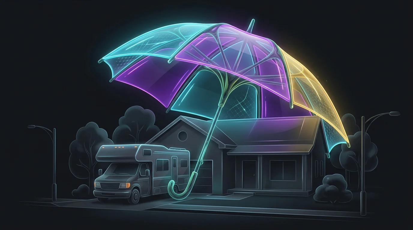 RV parked by a home under an insurance-branded umbrella, representing bundled coverage for your recreational vehicle.