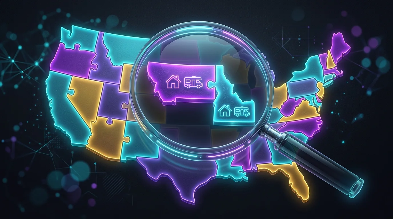 Magnifying glass over a US map highlighting state-specific RV insurance coverage options