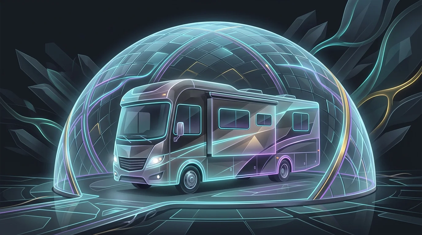 Large RV inside a protective glass dome representing specialty RV insurance coverage options.