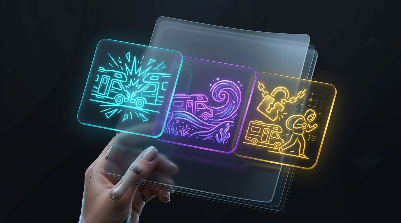 Hand holding an RV insurance policy with icons representing collision, flood, and theft coverage elements.