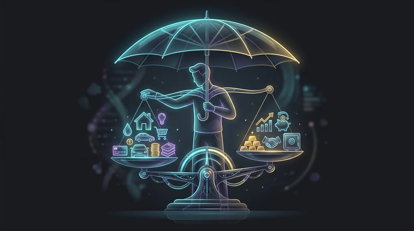 Person balancing assets on a scale under a large umbrella to represent choosing the right umbrella insurance coverage.