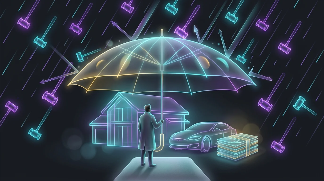 A giant umbrella shielding a house, car, and financial documents from falling legal gavels to illustrate umbrella insurance.