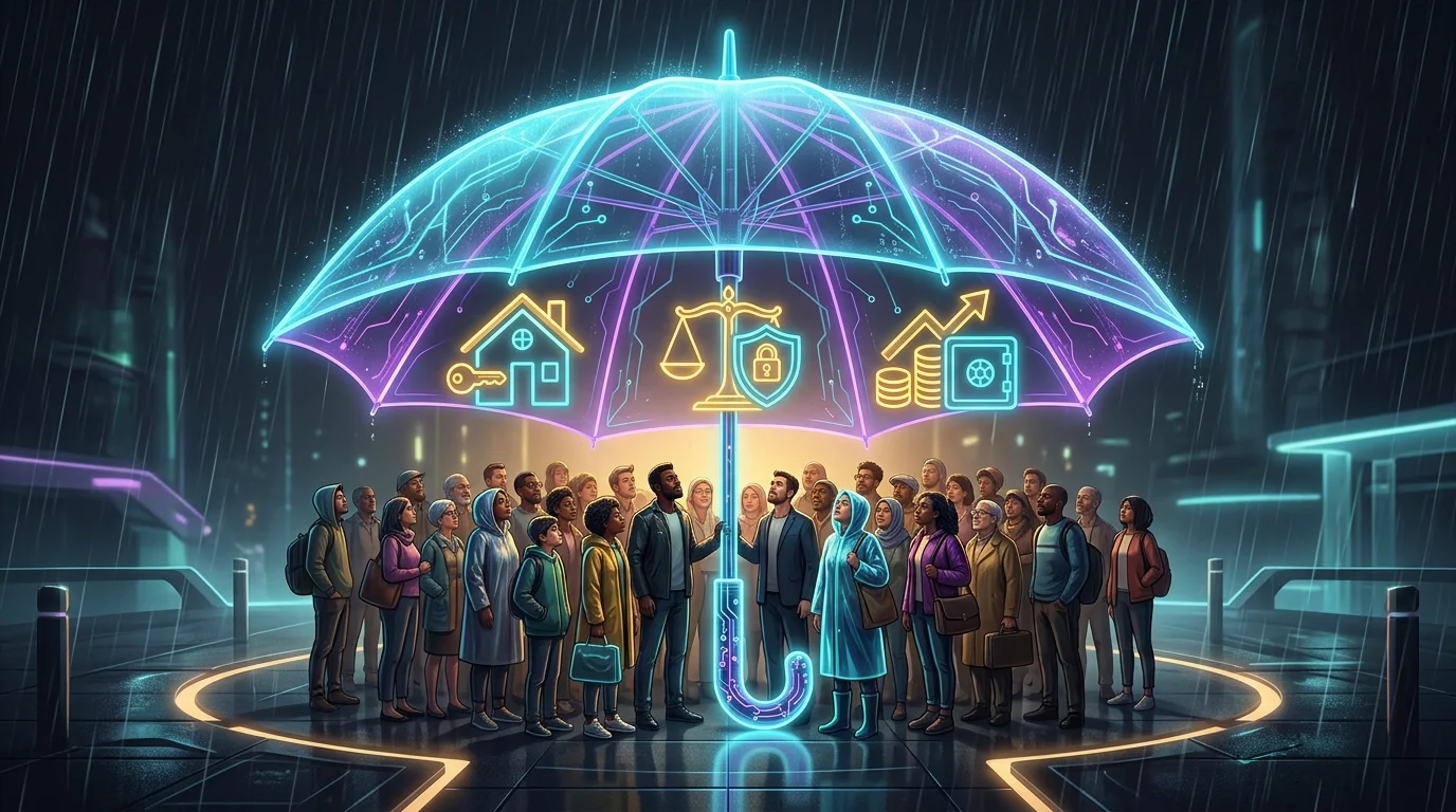 Glowing umbrella sheltering people with symbols of legal protection and financial security for umbrella insurance.