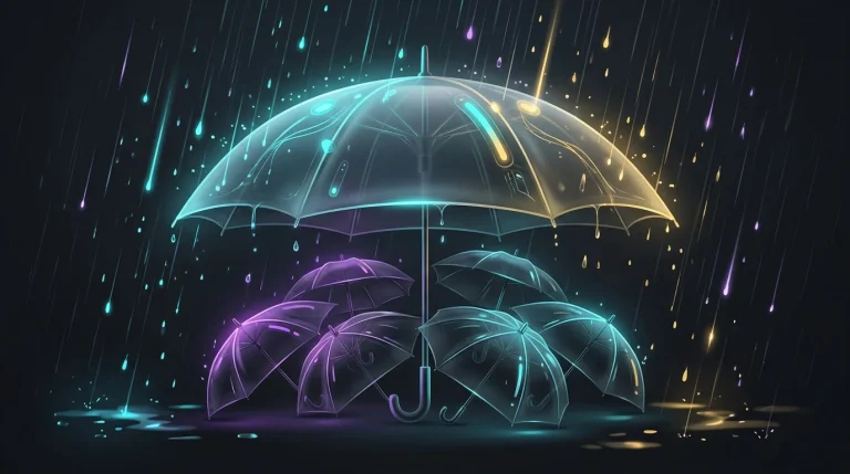 Large umbrella shielding smaller umbrellas from rain to illustrate how umbrella insurance provides extra liability coverage.