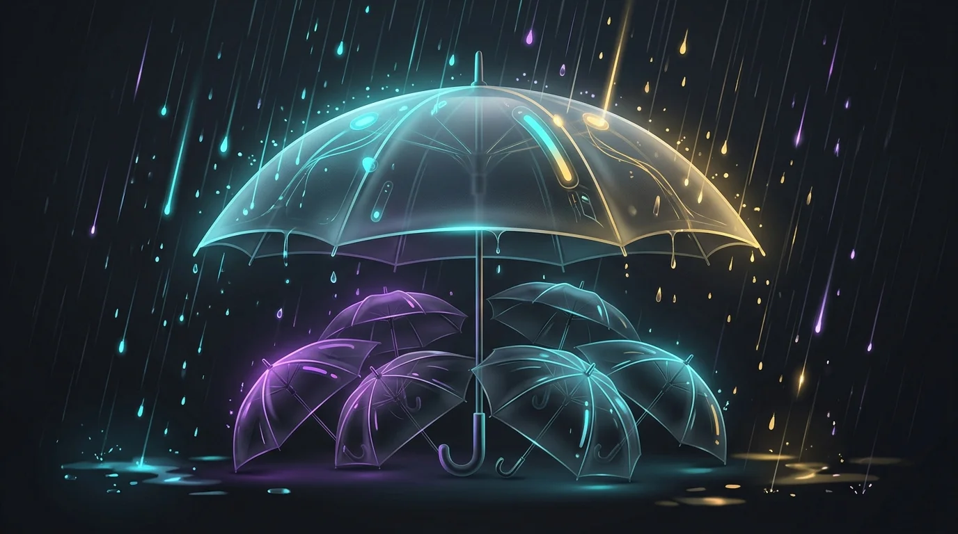 Large umbrella shielding smaller umbrellas from rain to illustrate how umbrella insurance provides extra liability coverage.