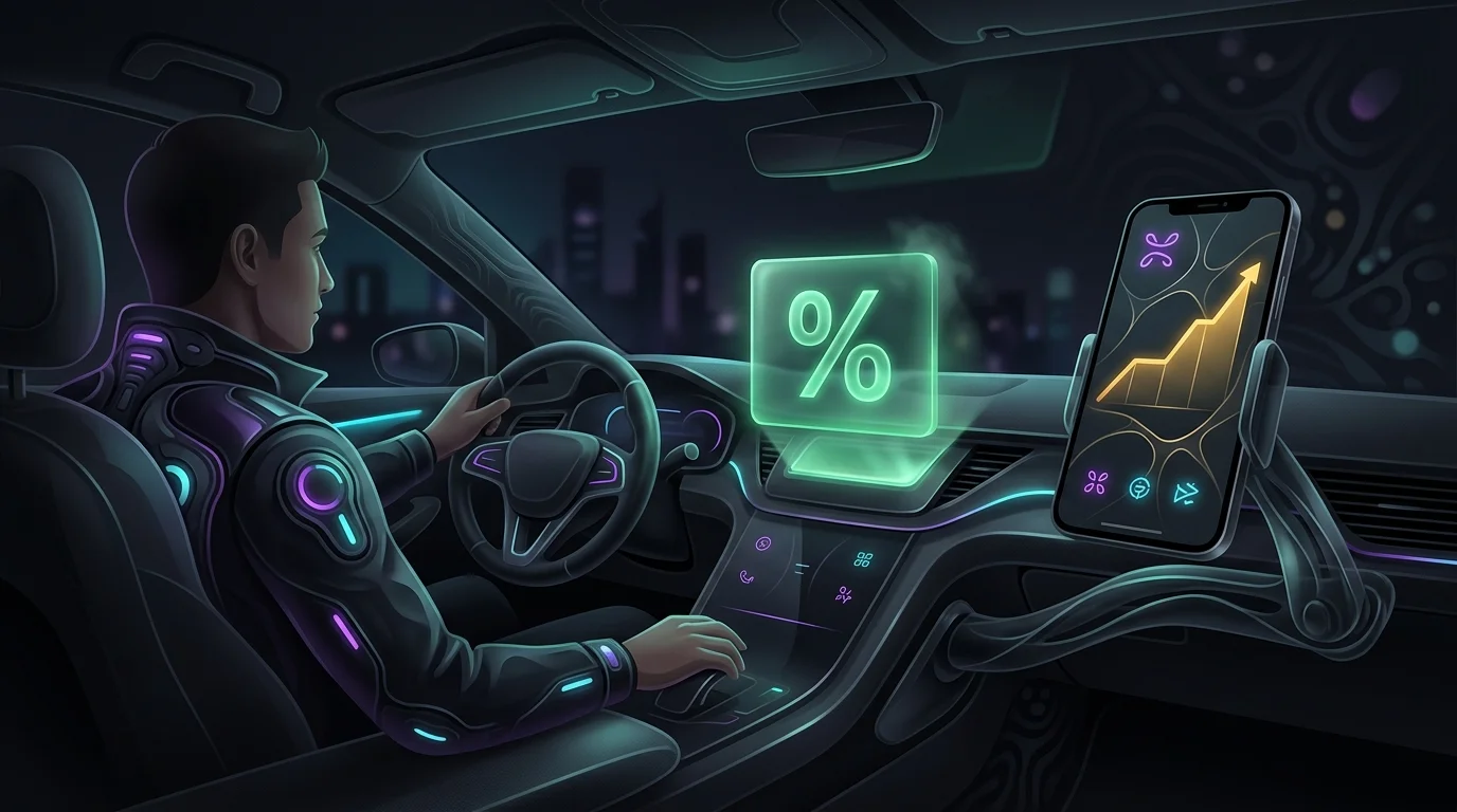 Driver viewing a green percentage sign and savings graph on a dashboard to lower high-risk auto insurance premiums.