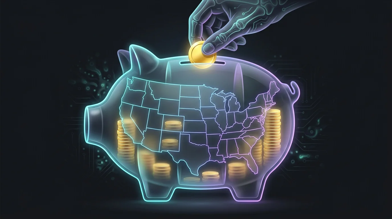 Hand placing a coin into a piggy bank with a US map showing varied business liability insurance costs by state.