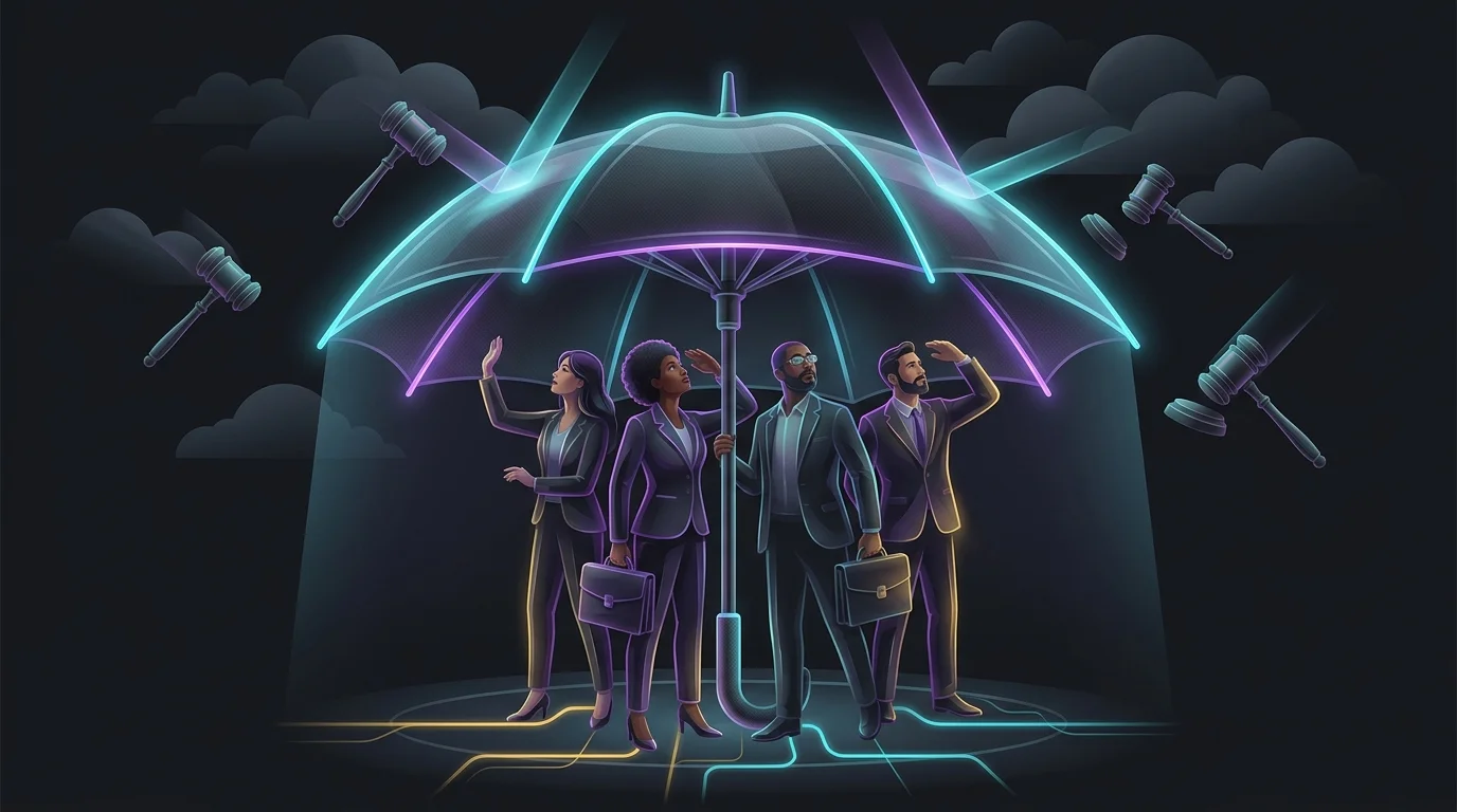Sturdy umbrella shielding diverse professionals from falling legal gavels, representing comprehensive business liability.