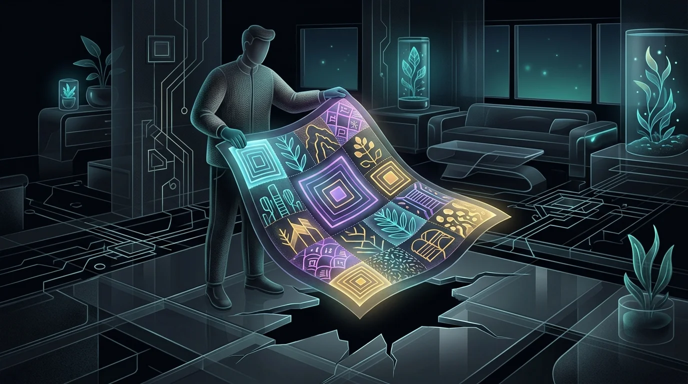 Landlord holding a patchwork quilt of insurance policy icons to cover gaps in rental property protection.