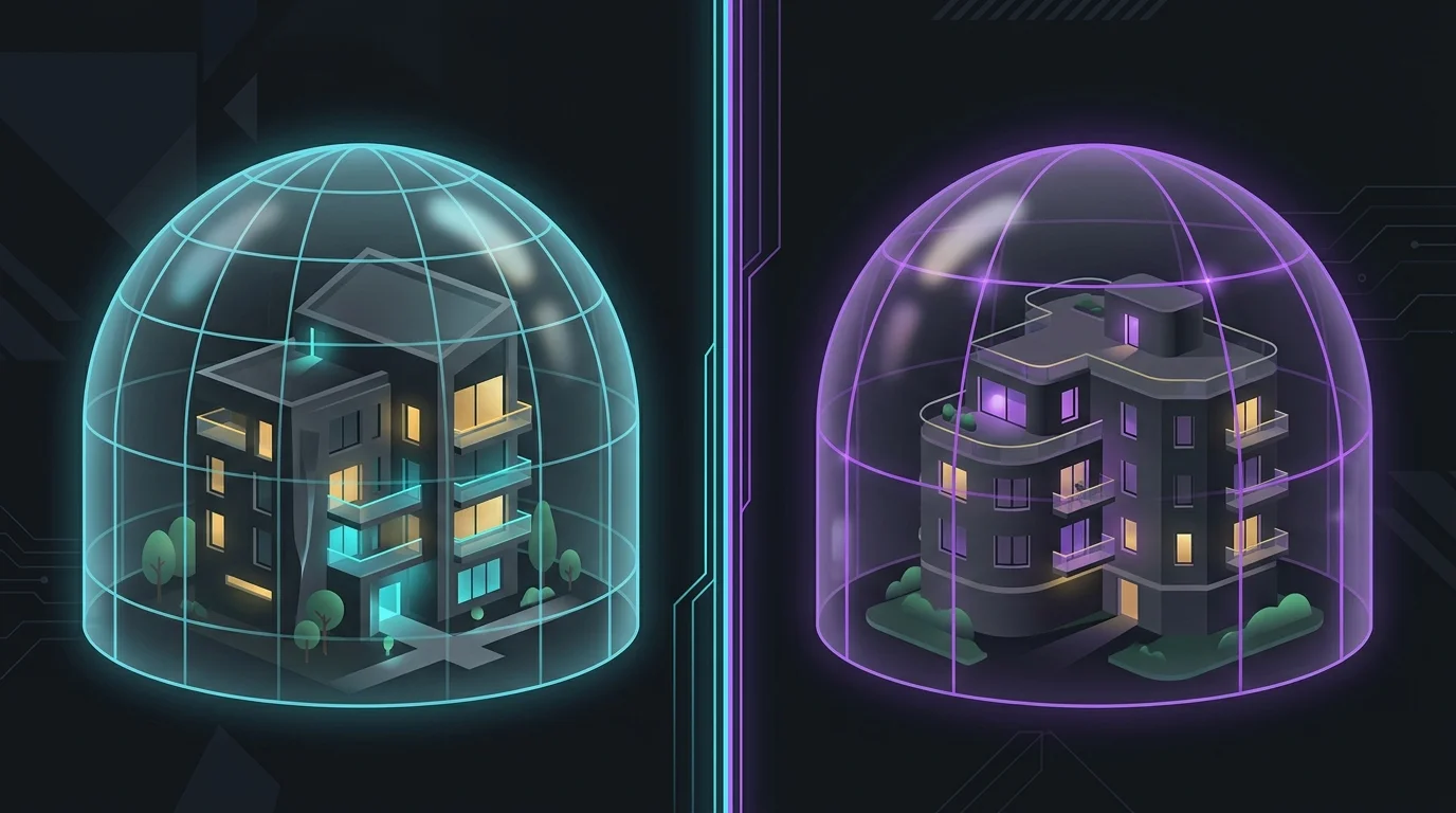 Two apartment buildings protected by glass domes representing comprehensive rental property insurance coverage.