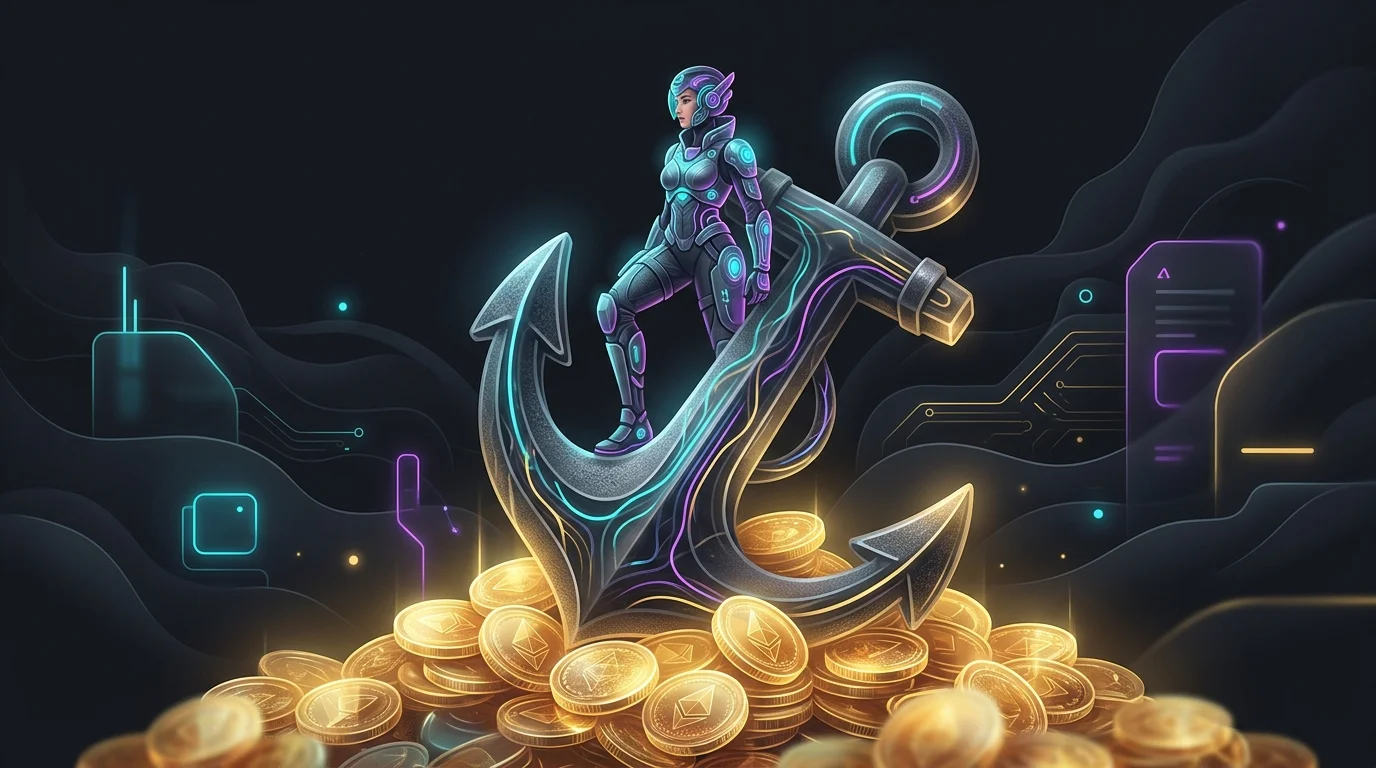 Person standing on an anchor atop growing gold coins to represent long-term whole life insurance financial stability.