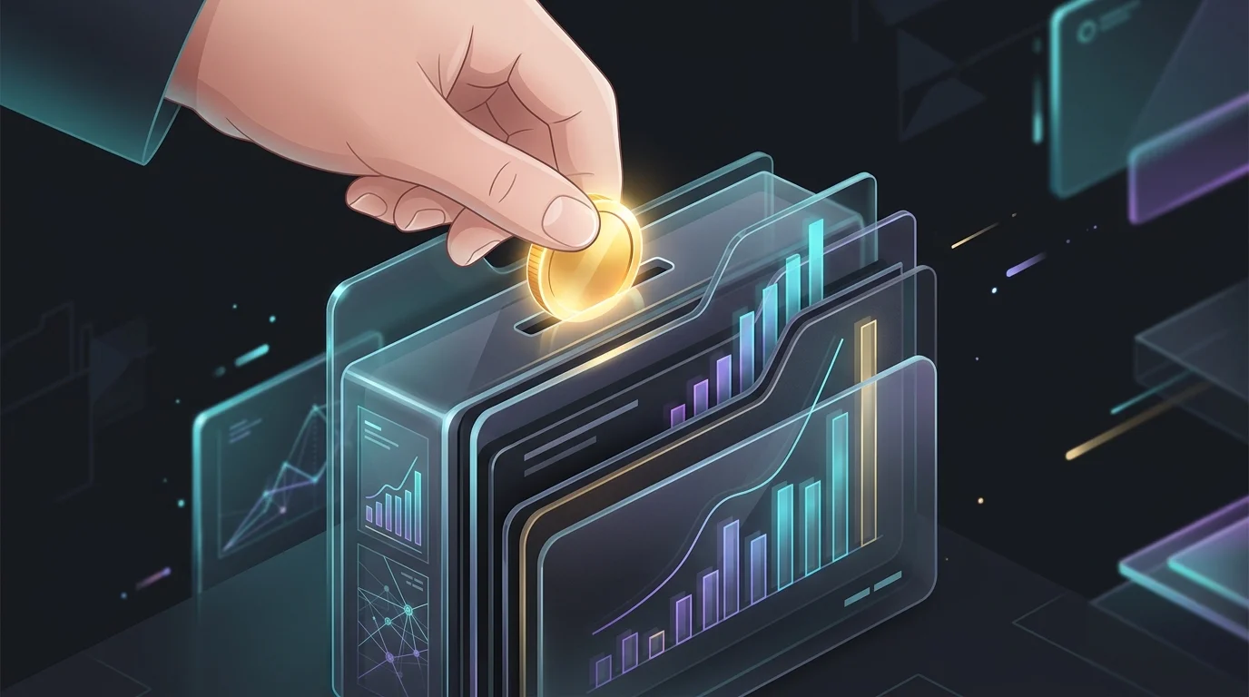 Hand placing a gold coin into a stack of whole life insurance policy folders to represent financial growth.