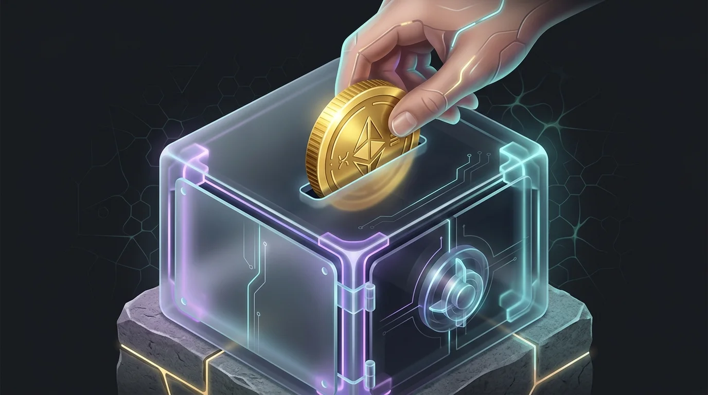 Hand placing a gold coin into a secure glass vault, symbolizing stable whole life insurance financial strength.