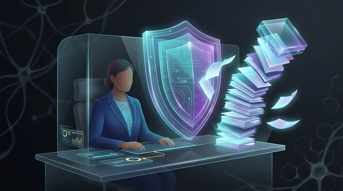 Professional working at a desk protected by a glass shield from falling legal files for liability insurance coverage.