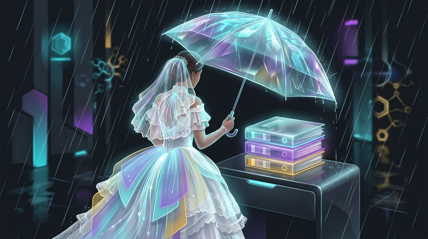 Bride holding an umbrella over wedding insurance folders to represent reliable coverage against rainy day risks.