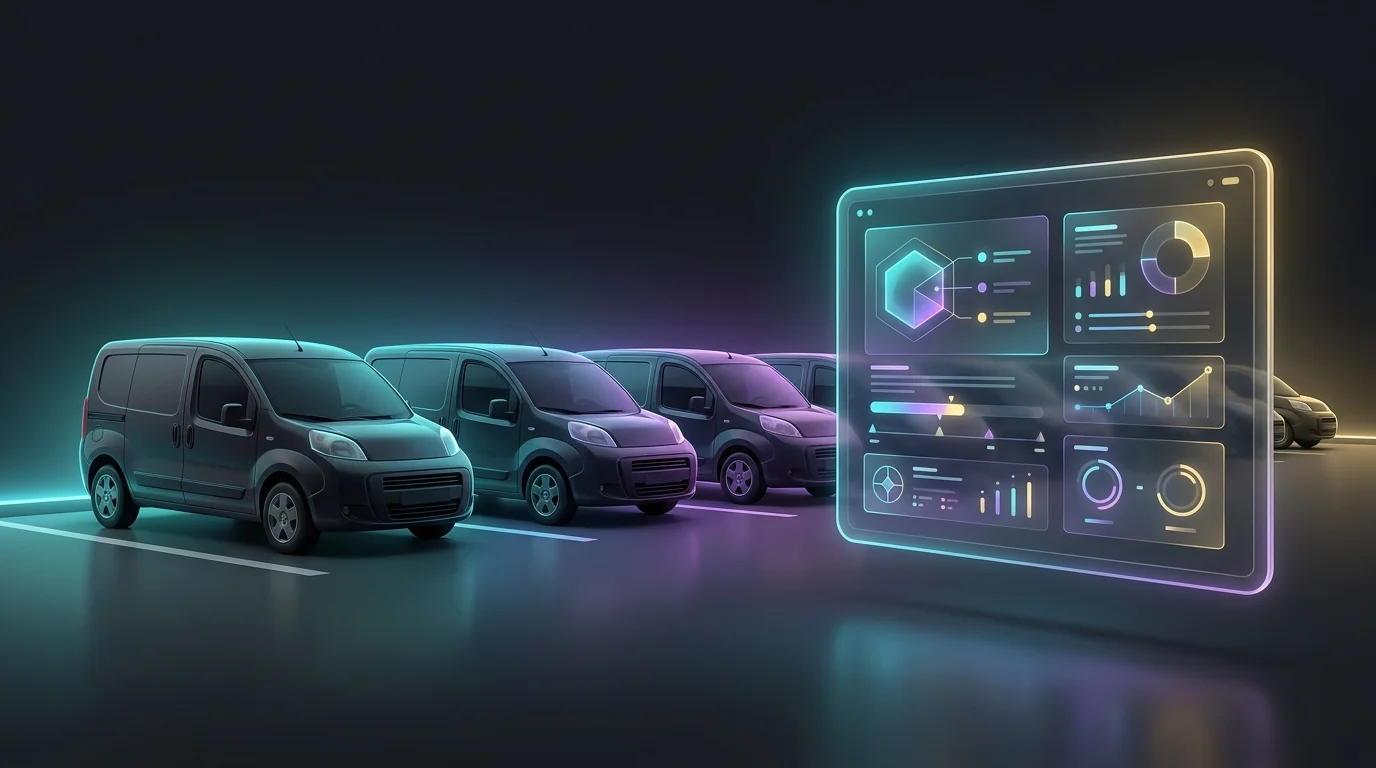 Small commercial delivery vans with a digital tablet displaying fleet vehicle insurance policy details.