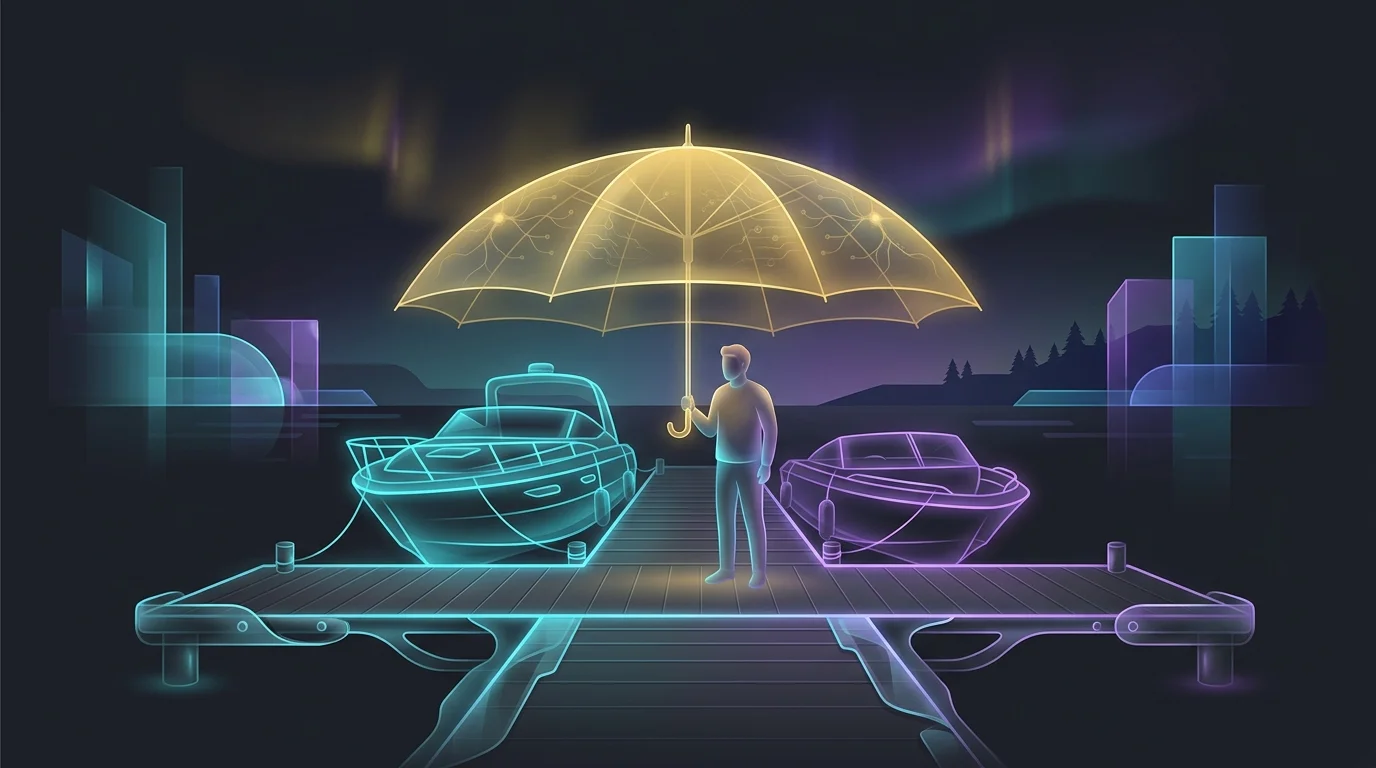 Boat owner shielding their vessel and a neighbor with an umbrella to symbolize comprehensive boat insurance coverage.