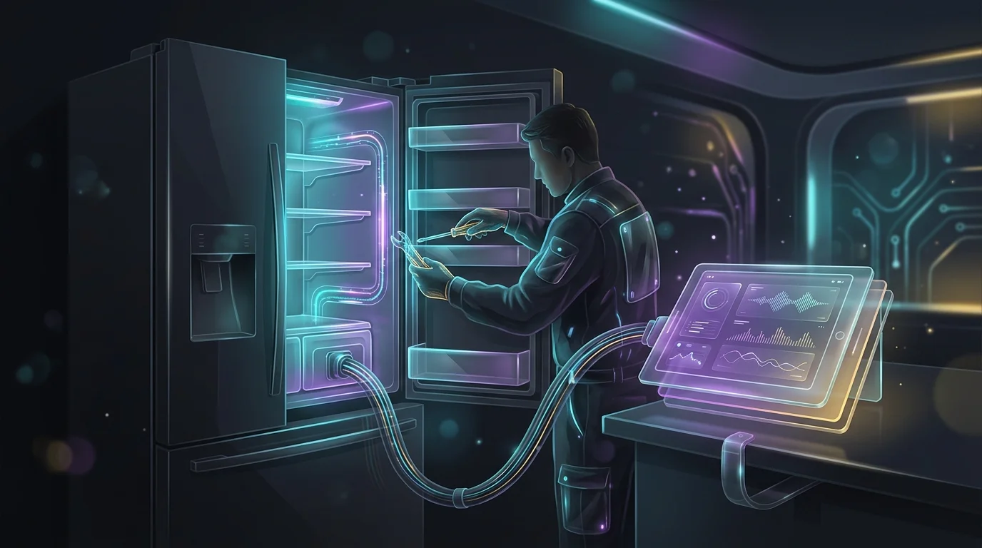 Technician repairing a refrigerator for an American Home Shield home warranty service request.