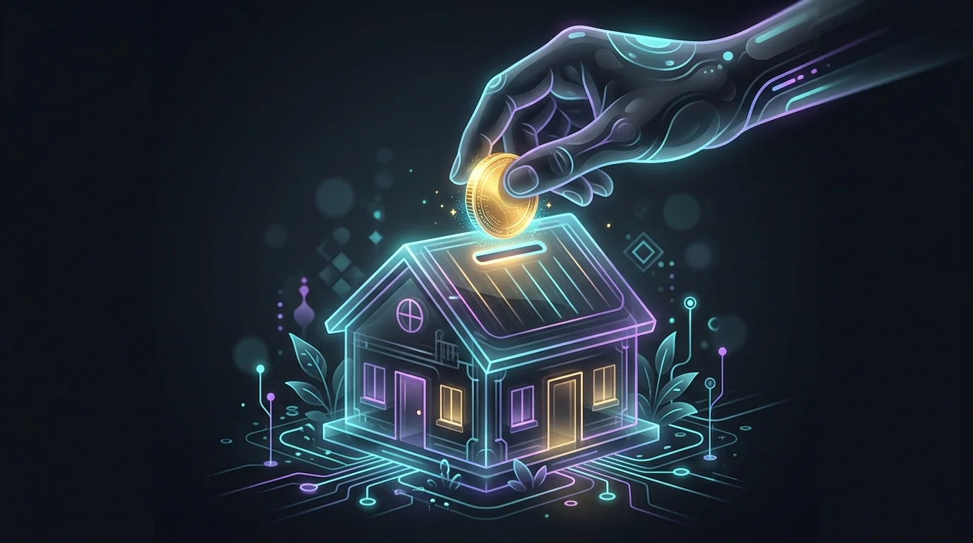 Hand placing a coin into a house-shaped piggy bank to represent affordable home warranty coverage.