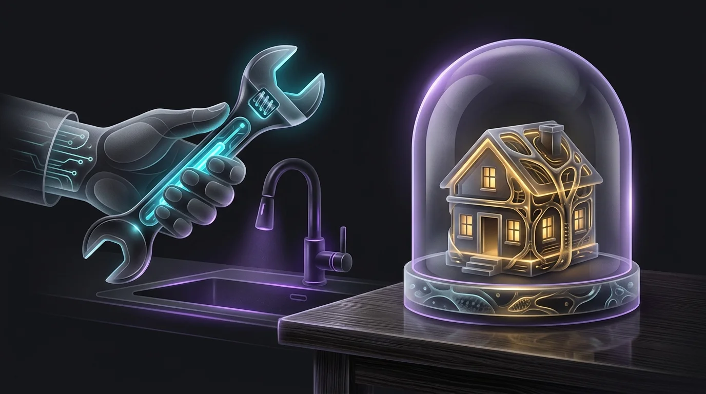 Hand holding a wrench over a sink next to a miniature house in a glass dome representing home warranty coverage.